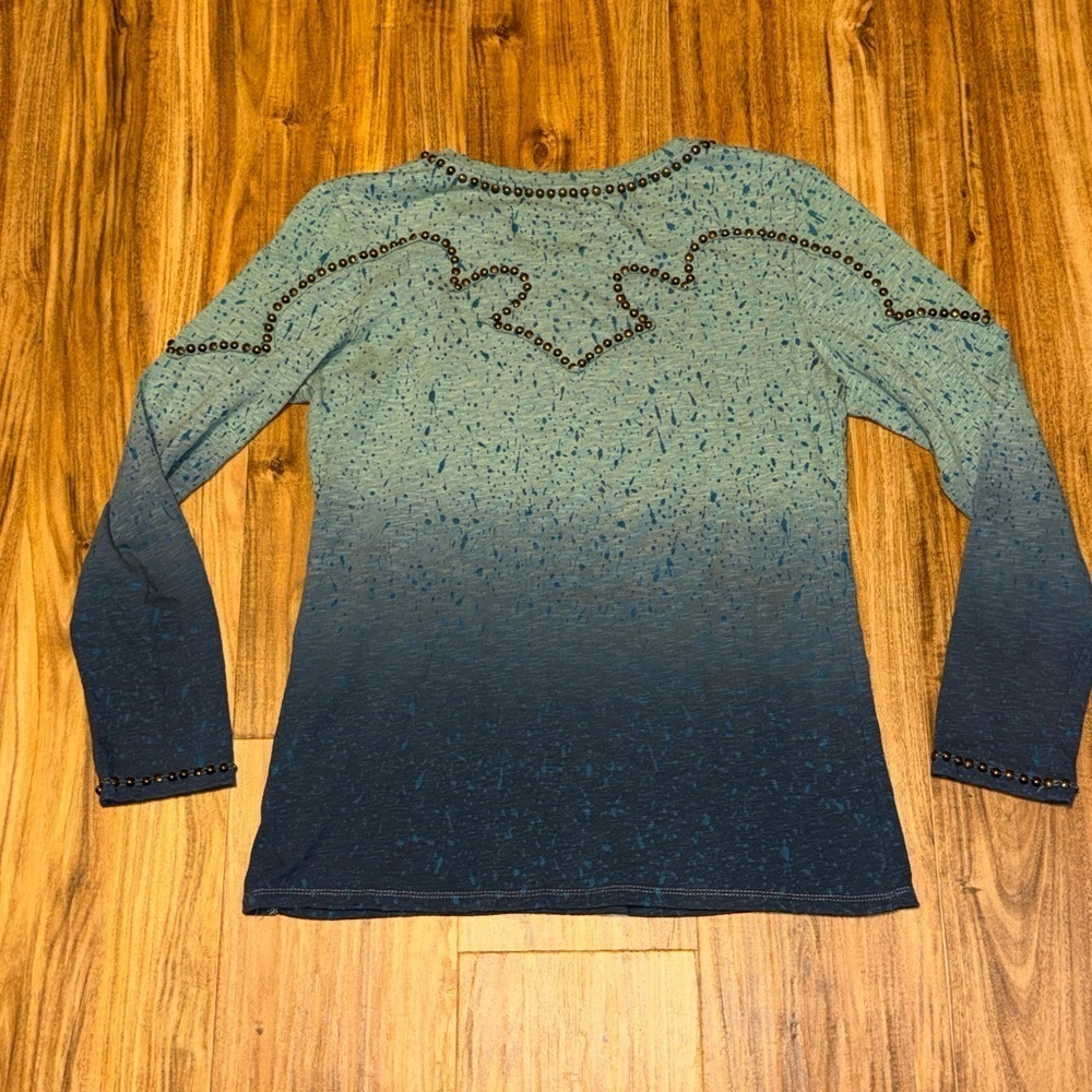 Double D Ranch women’s large shirt long sleeve Teal blue ombre cross embellish - Picture 8 of 11
